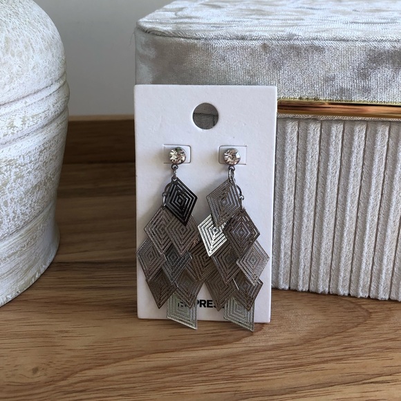 Express Silver Dangle Drop Earrings NEW faux diamond stud detail - Picture 13 of 14